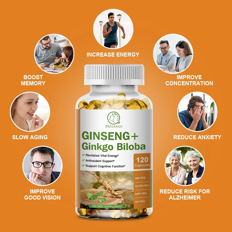BBEEAAUU Ginseng Ginkgo Capsules Support Healthy Brain, Memory Cognitive Functions,Combat Stress & Fatigue Improve Immune System Oasis Select
