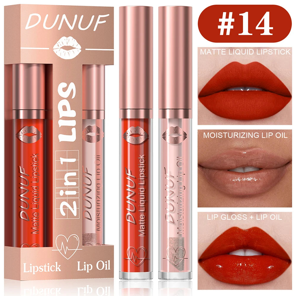 DUNUF Lip Gloss And Lip Oil Set 2-Piece Long-Lasting Waterproof Matte Moisturizing Non-Fading Lipstick Collection Oasis Select 14