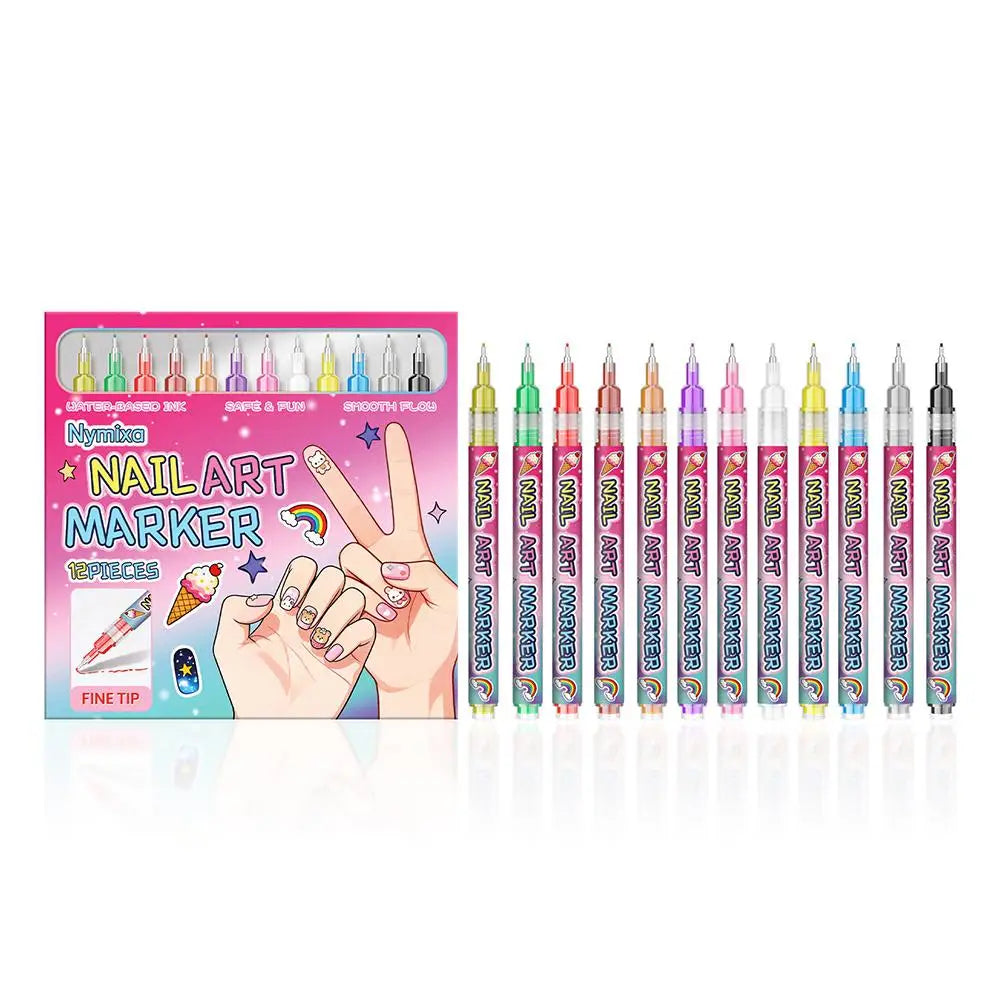 12-Piece Nail Art Graffiti Pens – Waterproof Quick-Dry Markers
