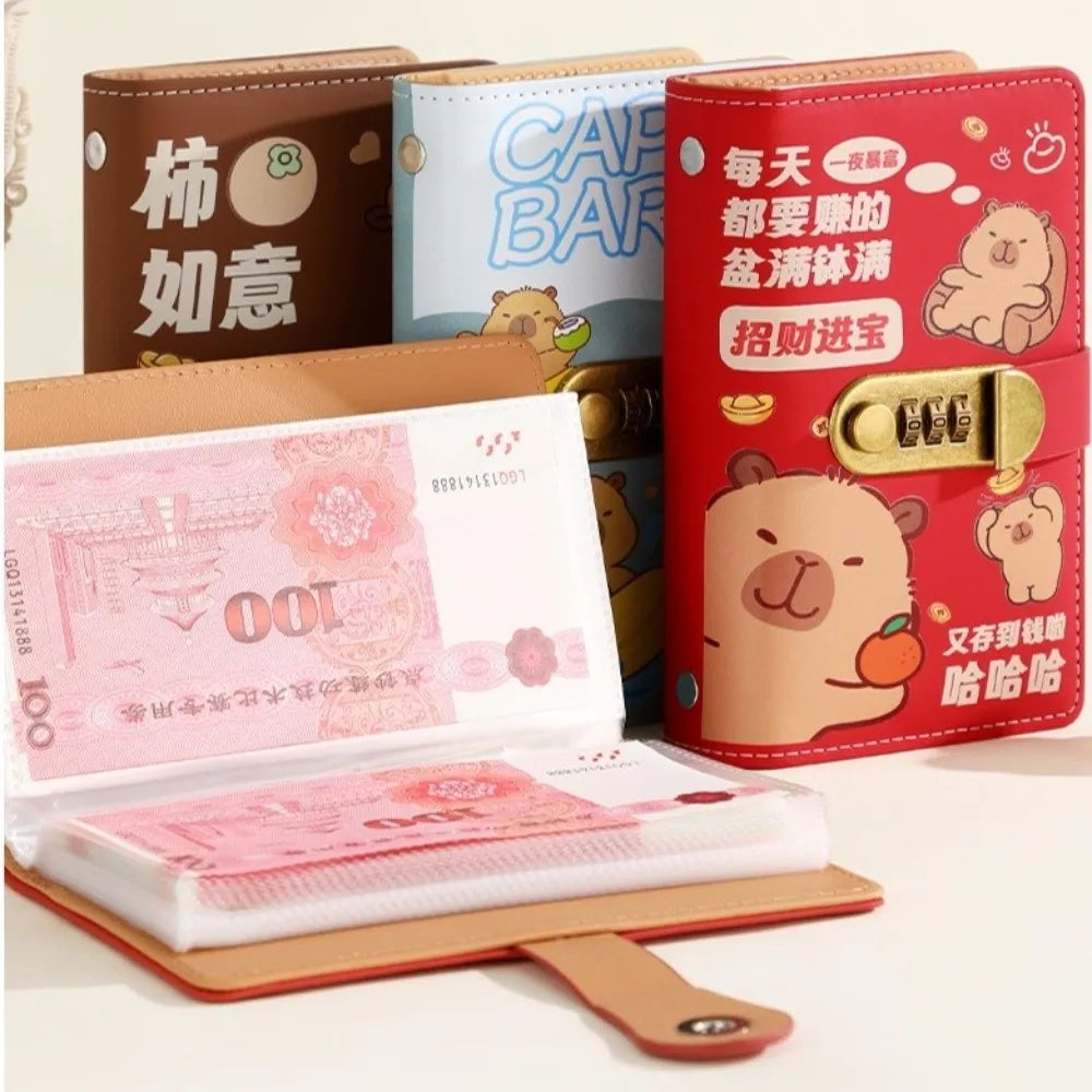Cartoon Capybara Saving Money Binder PU Leather with Password Lock Planner Organizer Savings Handbook Cash Envelopes Oasis Select