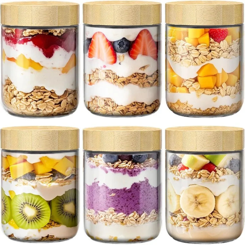 4 Pack Overnight Oats Containers with Airtight Bamboo Lids, Wide Mouth Clear Glass Mason Jars for Meal Prep, Food Storage Oasis Select