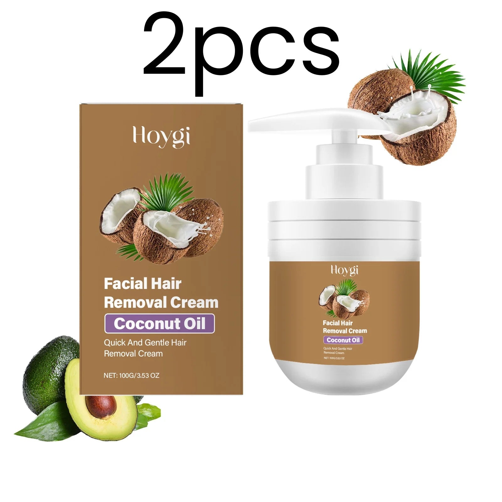 Hoygi Facial Hair Removal Cream – Coconut Oil, Painless Facial Depilatory Cream Oasis Select 2pcs
