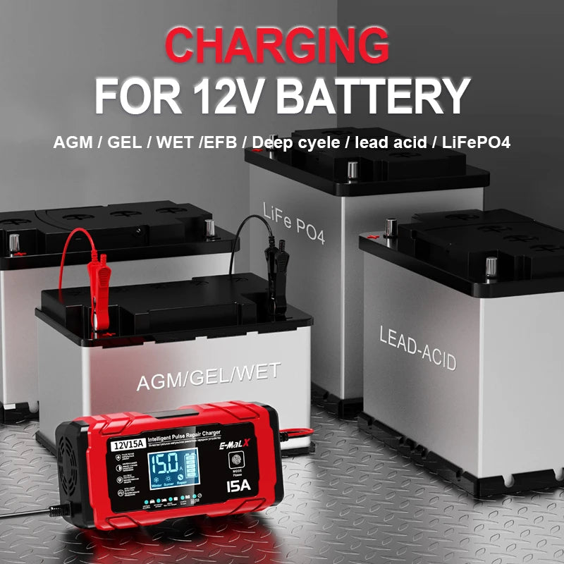 12V 15A Battery Charger Smart Charging For Lifepo4 Lead Acid AGM GEL Lithium Iron Phosphate Batteries With LED Display Car Moto Oasis Select