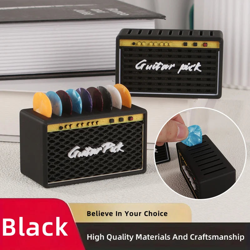 2025 New 1pc Guitar Pick Storage Box + 5pcs Picks, Random Color Retro Speaker Design Multi-Compartment Organizer Oasis Select