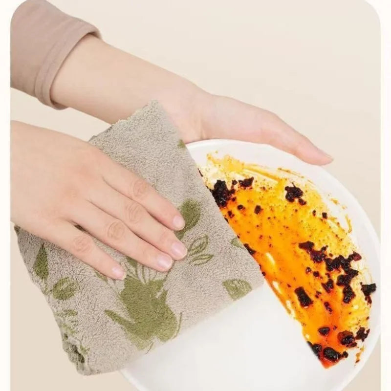 10pcs Kitchen Dish Cloth Cleaning Towel Coral Material Green Rose Pattern Wash Wipe Table Countertop Stove Sink Home Use Oasis Select