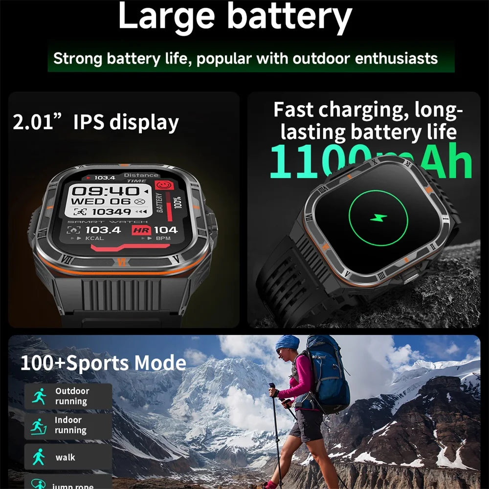 Waterproof Smartwatch Men 1100mAh Battery LED Flashlight BT Call Outdoor Smart Watches Health Monitor 100+ Sports Mode Compass Oasis Select