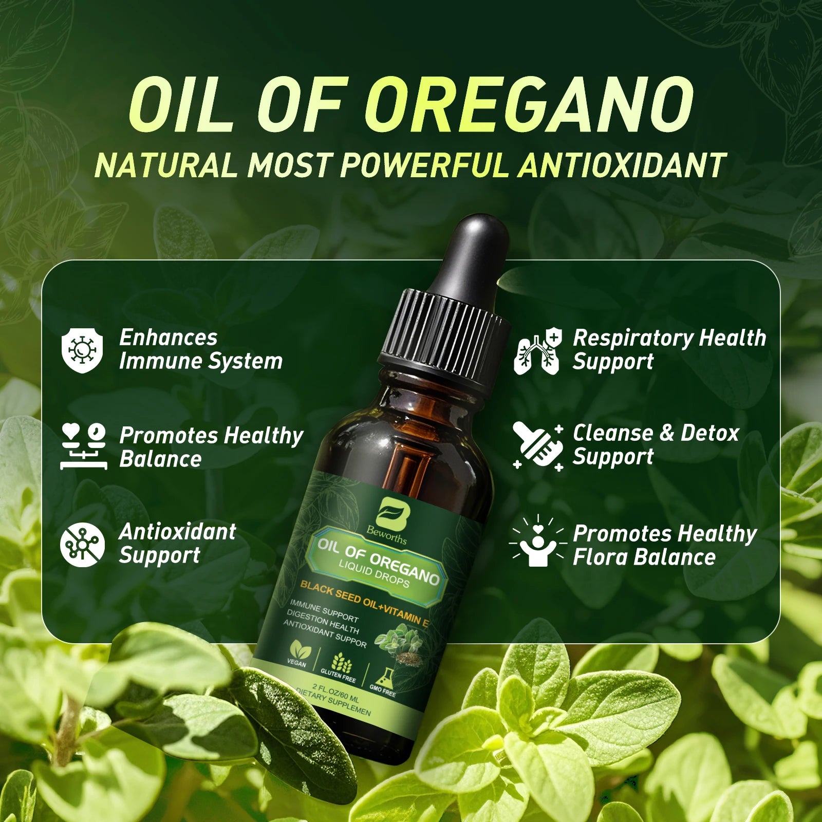 BEWORTHS Oregano Oil Drop with Black Seed Oil, Vitamin E for Immune,Antioxidant,Gut Detox Cleanser Support Non-GMO,Vegan Oasis Select
