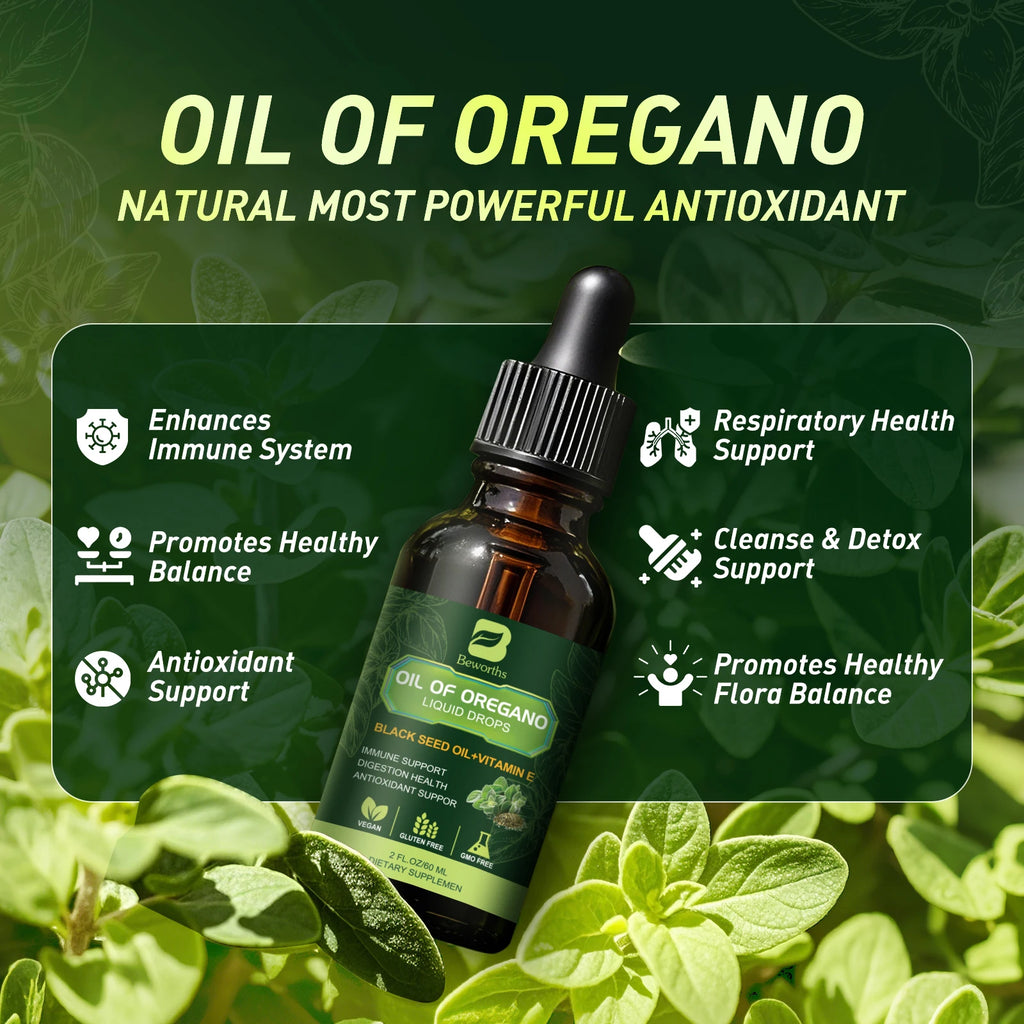 BEWORTHS Oregano Oil Drop with Black Seed Oil, Vitamin E for Immune,Antioxidant,Gut Detox Cleanser Support Non-GMO,Vegan Oasis Select
