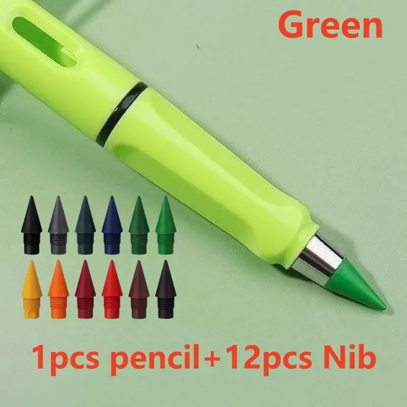 1/2set Kawaii 12 Colors Eternal Pencil No Ink Unlimited Pencils School Kids Art Painting Color Sketch Writing Stationery Oasis Select 1set green