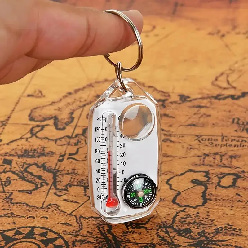 3 in 1 Keychain Compass Portable Mini Keychain Outdoor Thermometer Magnifying Glass Compass Camping Essentials Survival Tools, Oasis Select