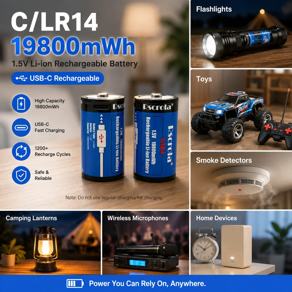 USB-C Rechargeable C Size Li-ion Battery 1.5V LR14 High Capacity with over 19000mWh Long Lasting for Flashlight Toys Lanterns Oasis Select