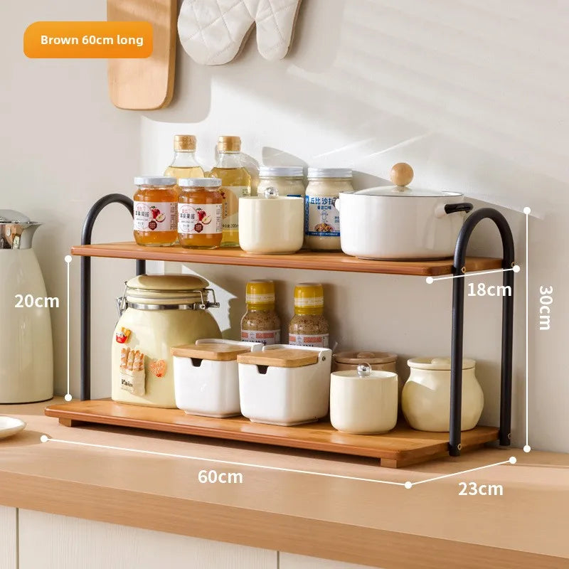 Double-layer kitchen seasoning rack rack household seasoning salt tank multi-functional multi-layer storage rack Oasis Select Brown 60 long