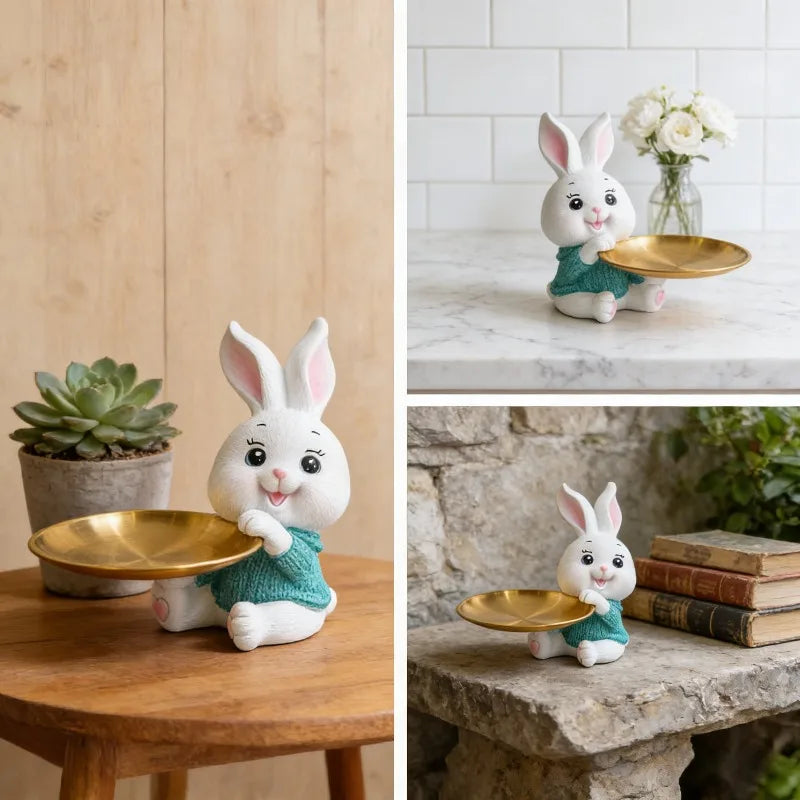 Cute Rabbit/Cat Storage Tray Multifunctional Rabbit Sculpture Key Tray Resin Bunny Statue Candy Dish Home Office Desk Decor Oasis Select
