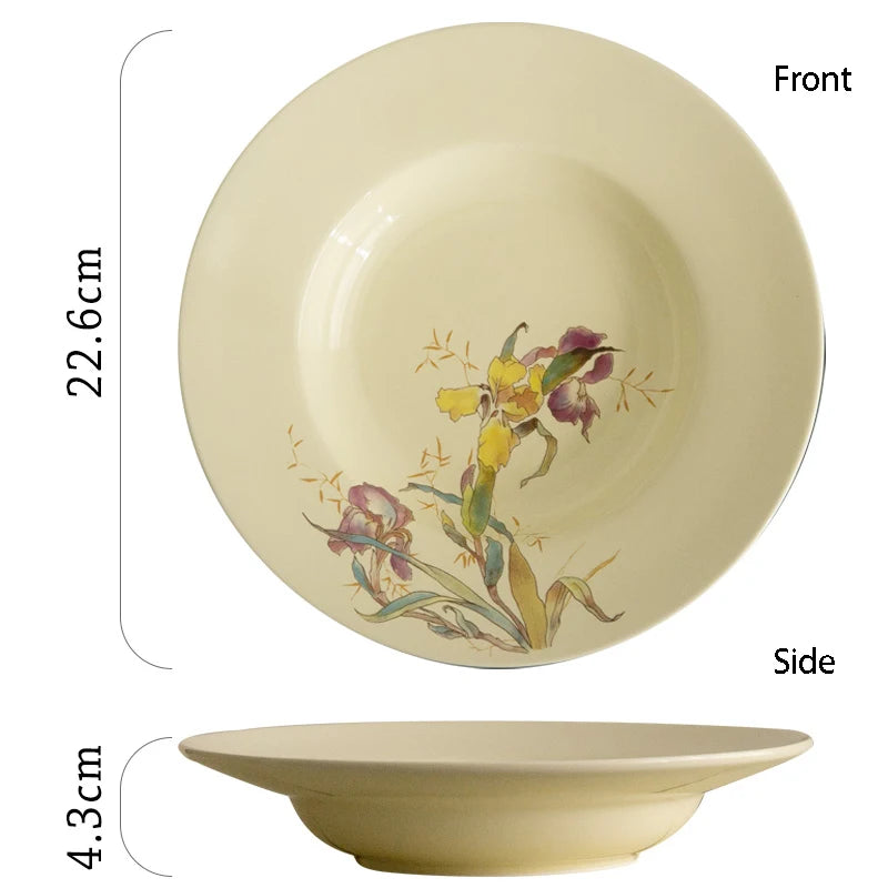 Ceramic Dinner Plate Set French Iris Dessert Bowl Dishes Soup Plate Breakfast Flat Plate Home Kitchen Gourmet Container Oasis Select 9 inch plate