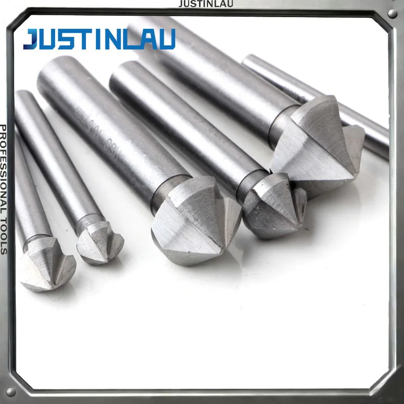 JUSTINLAU 6PCS 90 Degree 3 Slot Round Shank Chamfering End Mill High Speed Steel Countersunk Head Deburring Conical Drill Bit Oasis Select