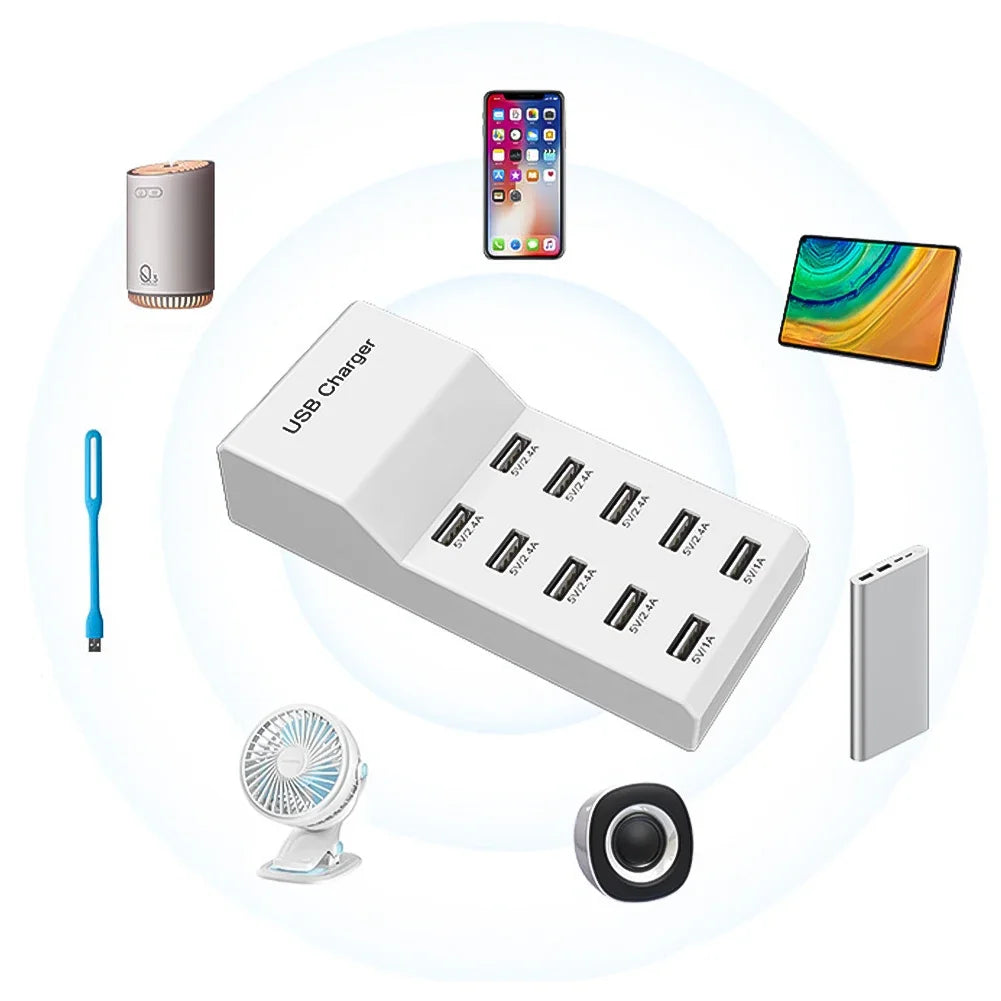 10-Port 50W USB Charging Station | Multi-Device Power Strip Hub