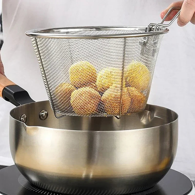 French Chip Frying Strainer Basket Stainless Steel Deep Fry Basket Kitchen Round Fryer Wire Mesh With Handle Wire Colander Nets Oasis Select
