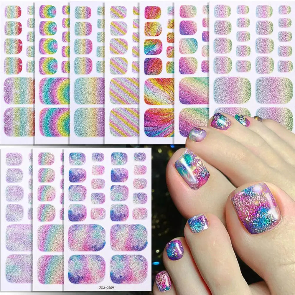 Gradient Glitter Toe Nail Polish Stickers Strips Full Nail Wraps Toenail Stickers Shiny Colorful Gel Toe Nail Decals for Women Oasis Select