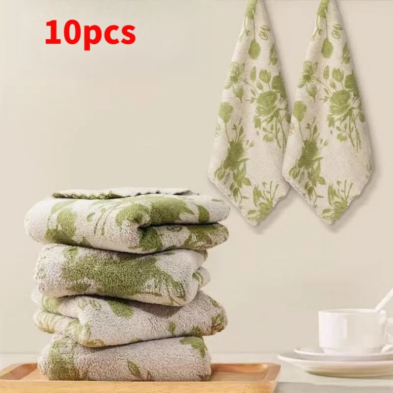 10pcs Kitchen Dish Cloth Cleaning Towel Coral Material Green Rose Pattern Wash Wipe Table Countertop Stove Sink Home Use Oasis Select light green 10pcs