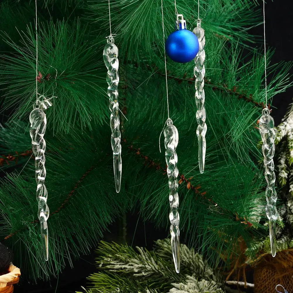 12pcs Acrylic Simulation Ice Xmas Tree Hanging Clear Fake Icicle Pendant Ornament Merry Christmas Party Decoration New Year Oasis Select