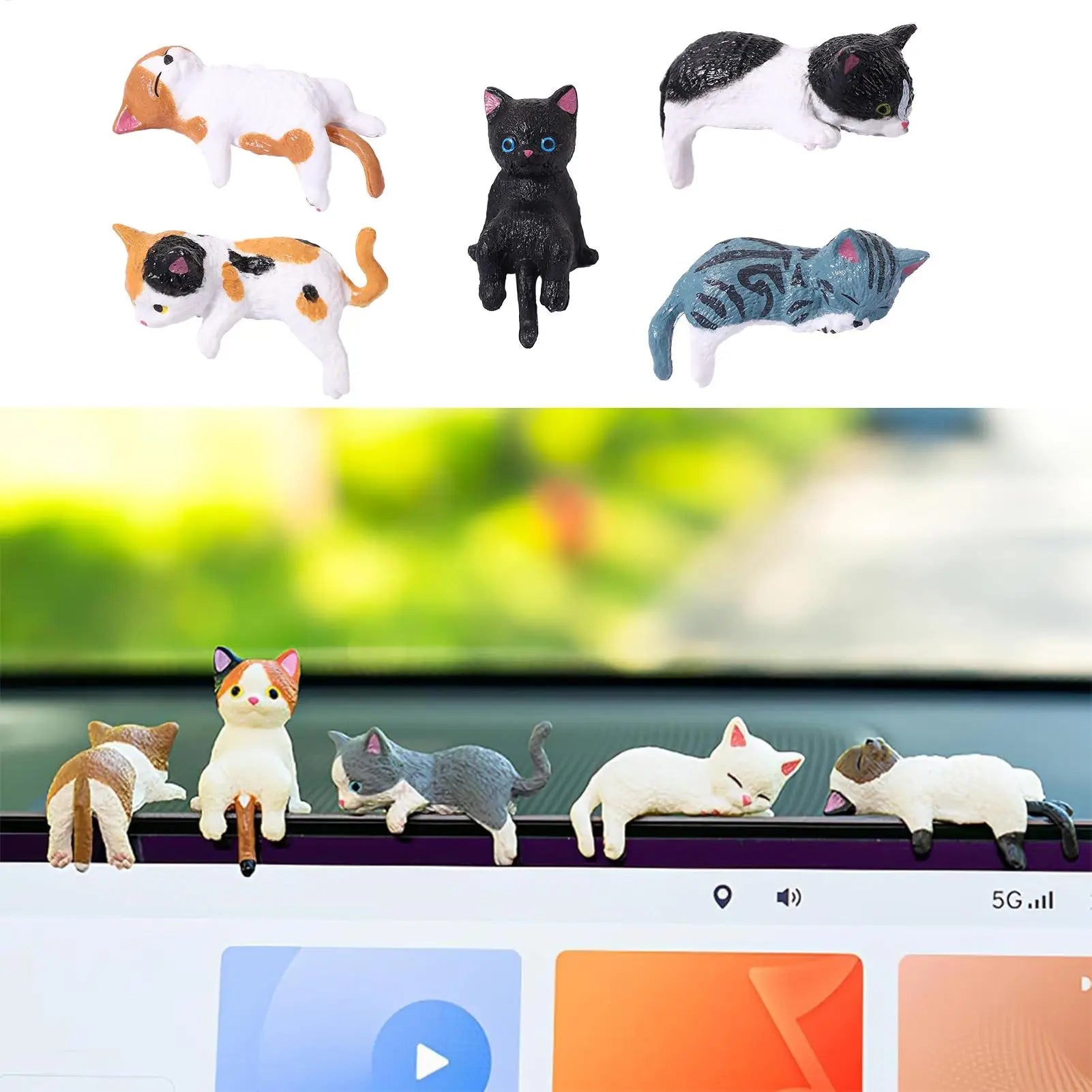 Small Cat Figurines Small Cute Animal Car Ornament 5 Pieces Kitten Figurines Desk Decor for Women Vehicle SUV Dashboard Computer Oasis Select