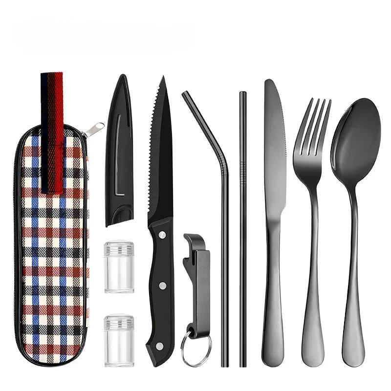 Tableware Stainless Steel Cutlery Knife Fork Spoon Steak Knife Spice Bottle Straw Outdoor Travel Portable Set Oasis Select