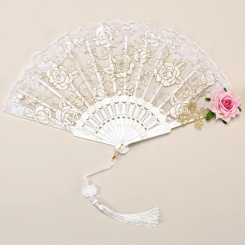 Female Lace Hand Fan Lolita Gothic Fan Victorian Vintage Black White Red Rose Bamboo Fans Cosplay Halloween Party Photo Prop Oasis Select B