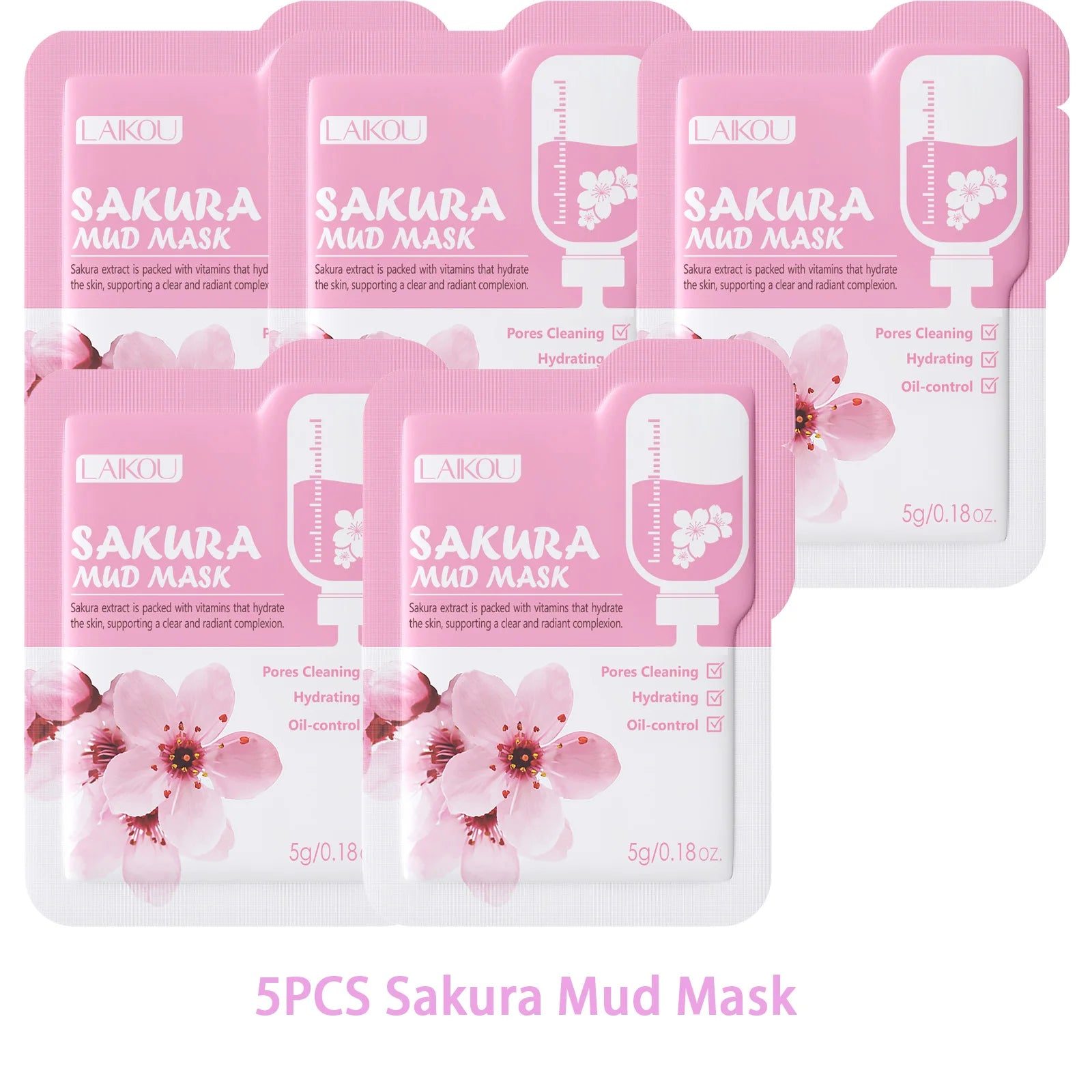LAIKOU Japan Sakura Clay Mud Mask Hydrating Gentle Cleansing Refreshing Oil Balancing Daily Facial Skin Care Mask 5g Oasis Select 5PCS