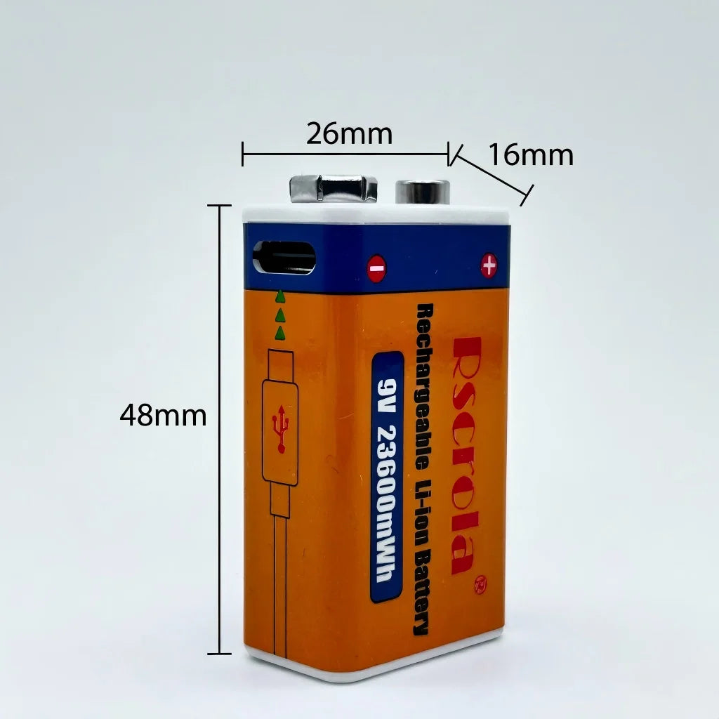 9V 23600mWh Li-ion Rechargeable Battery,USB Type-C Direct Charging Lithium Battery for Multimeter, Microphone, Toys,1500+ Cycles Oasis Select