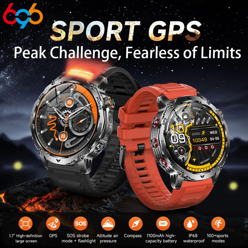 Outdoor Smart Watch Men Lady Flashlight Heart Rate BT Call Sports Bracelets Health Smartwatch Waterproof Compass GPS SOS 1100mAh Oasis Select