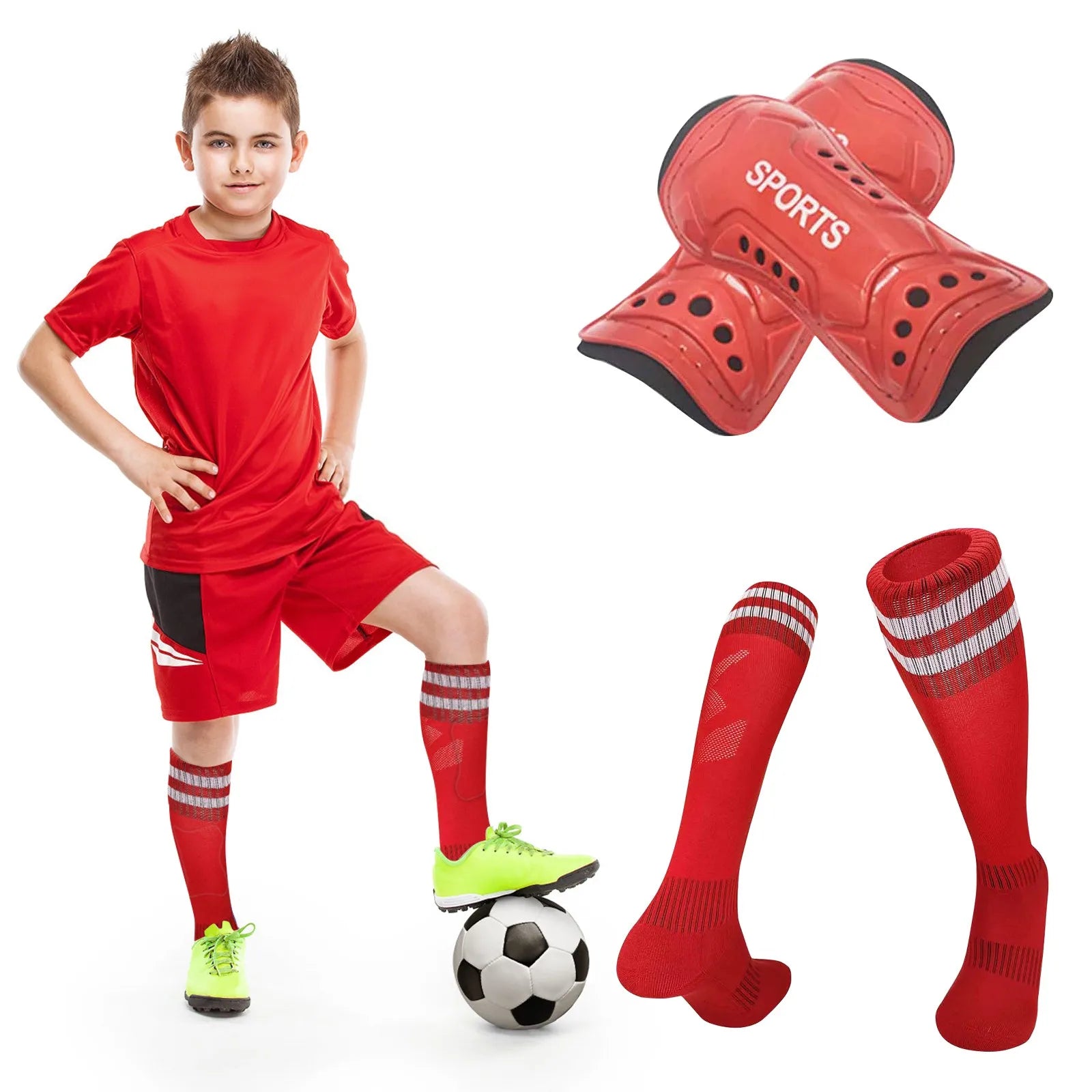 Kids Football Socks & Shin Guards Set – Anti-Slip Knee-High Kids Football Socks Set Oasis Select Red L