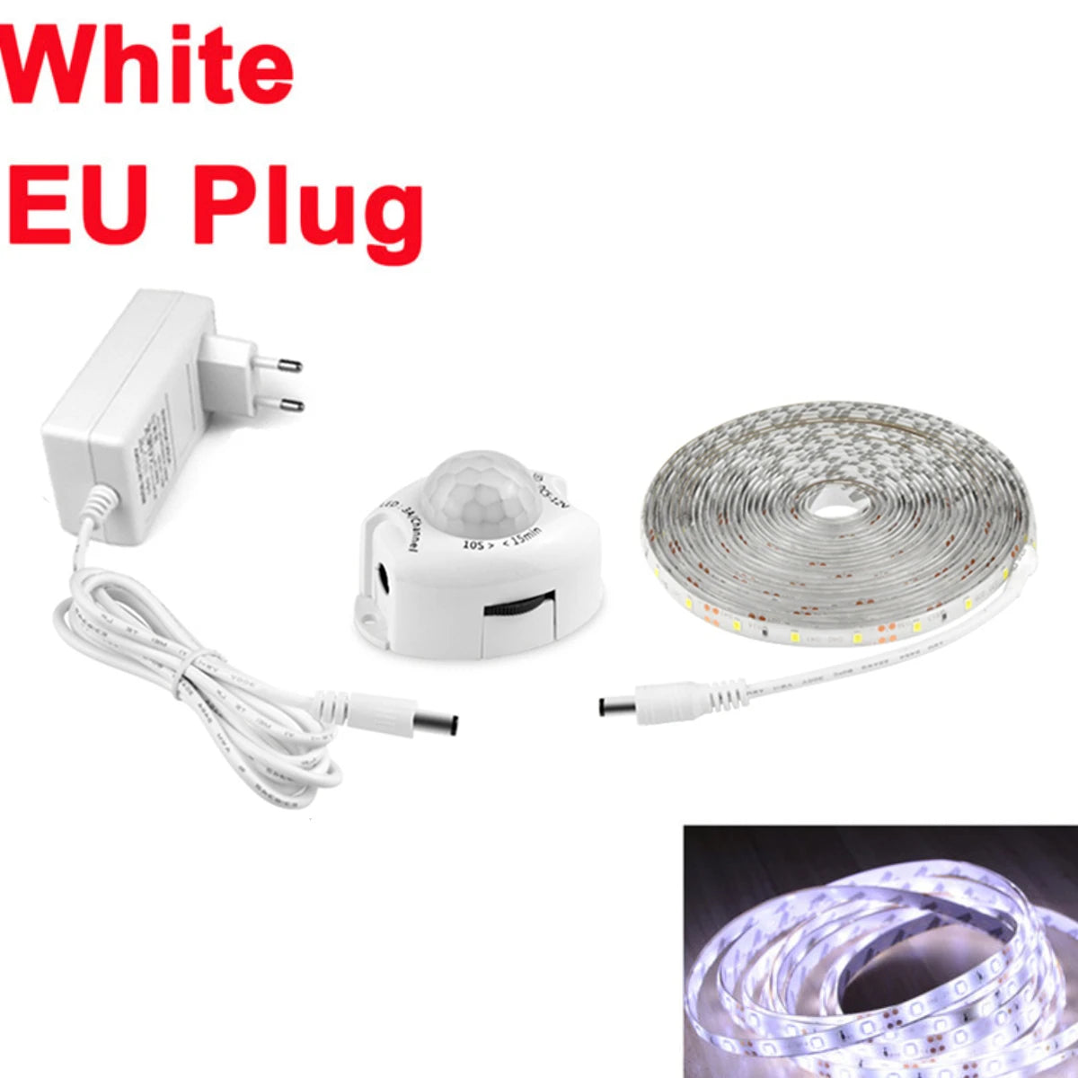 12V Bathroom Mirror Light PIR Motion Sensor LED Strip Light 2835 60led/M Waterproof Smart Night Lamp for Bedroom Bathroom Stair Oasis Select White EU Power Plug 5m