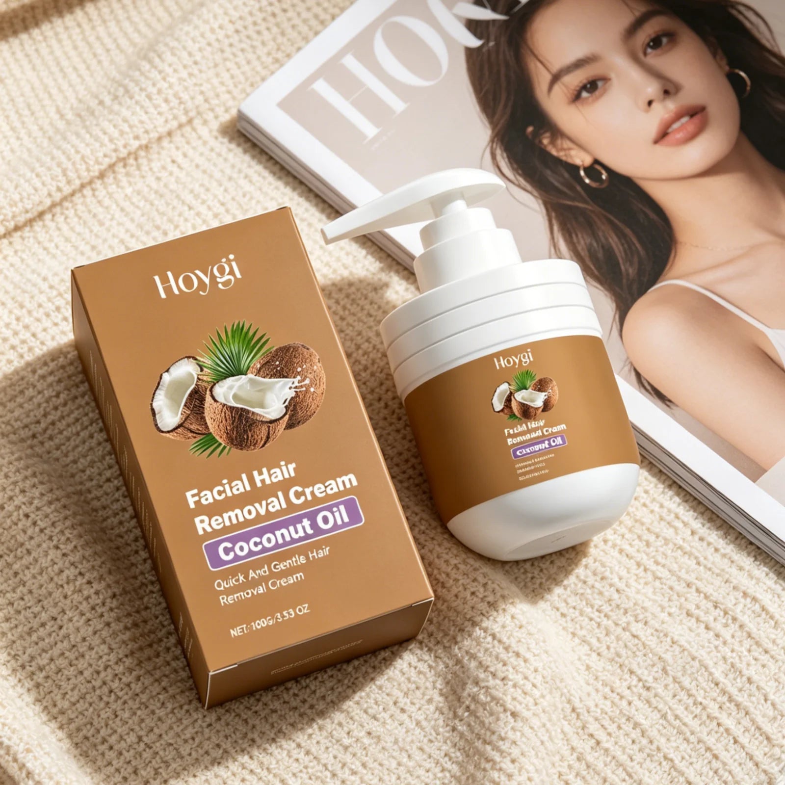 Hoygi Facial Hair Removal Cream – Coconut Oil, Painless Facial Depilatory Cream Oasis Select