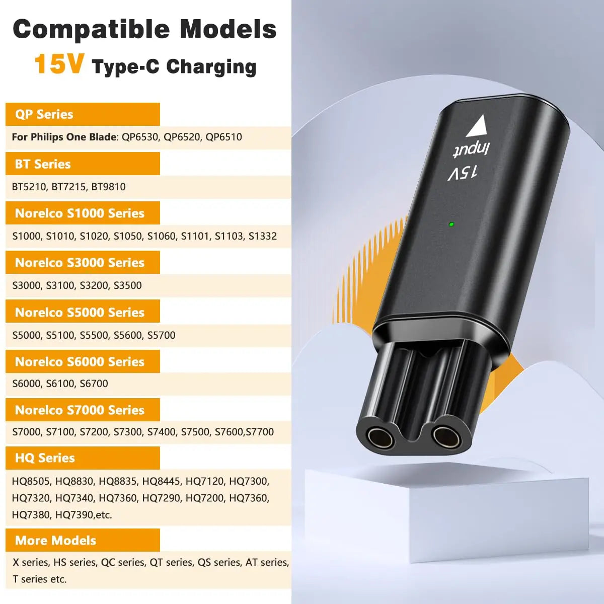 15V USB-C Shaver Adapter for Philips OneBlade HQ8505 QP6520 Shaver Charging Adapter Oasis Select