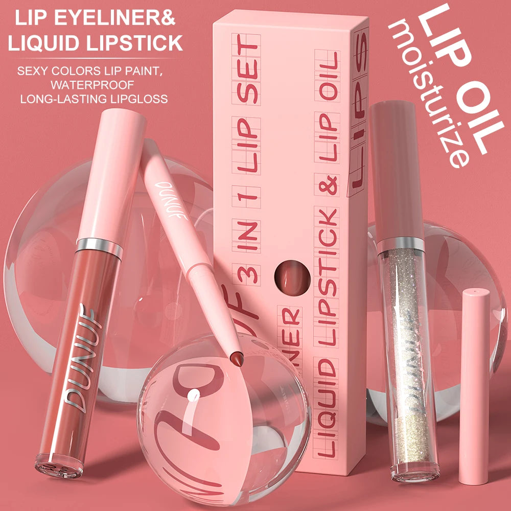 Lip Gloss Lip Liner Lip Oil 3pc/set: Matte Lipstick Waterproof Moisturizing Long Lasting Nude Y2K Christmas Valentine's Day Gift Oasis Select