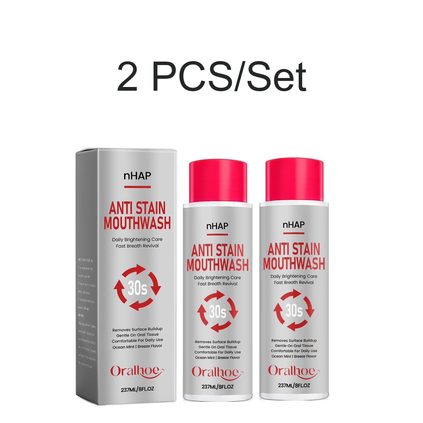 nHAP Anti Stain Mouthwash Whitening Breath Freshening Removes Surface Buildup Gentle Oral Care Mint Long Lasting Home Care 237ml Oasis Select A 2PCS