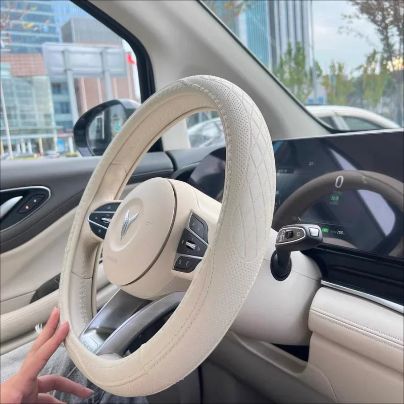 Napa Leather Perforated Patchwork Car Steering Wheel Cover, Non-slip, Breathable, Universal 15 Inch (Approx. 38.1cm) Oasis Select