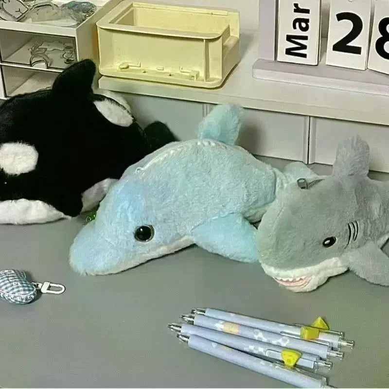 1Pcs Student Stationery Cute Plush Dolphin Shark Pencil Case School Supplies Kawaii Doll Back To School Storage Bag Pen Bag Oasis Select