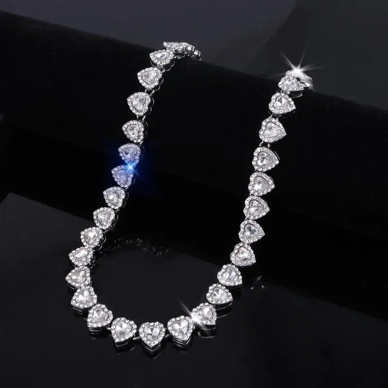 45CM New Hip Hop Tennis Chain Bracelet Necklace Shiny Heart Rhinestone CZ Fashion Rock Party Jewelry Oasis Select Silver 45cm