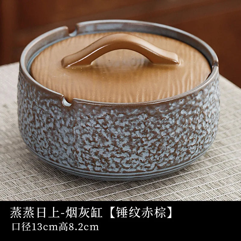 Ceramic Large Ashtray with Lid Anti-flying Dust Personalized Fashionable Household Living Room Office Retro Large Ashtray Oasis Select ice pattern