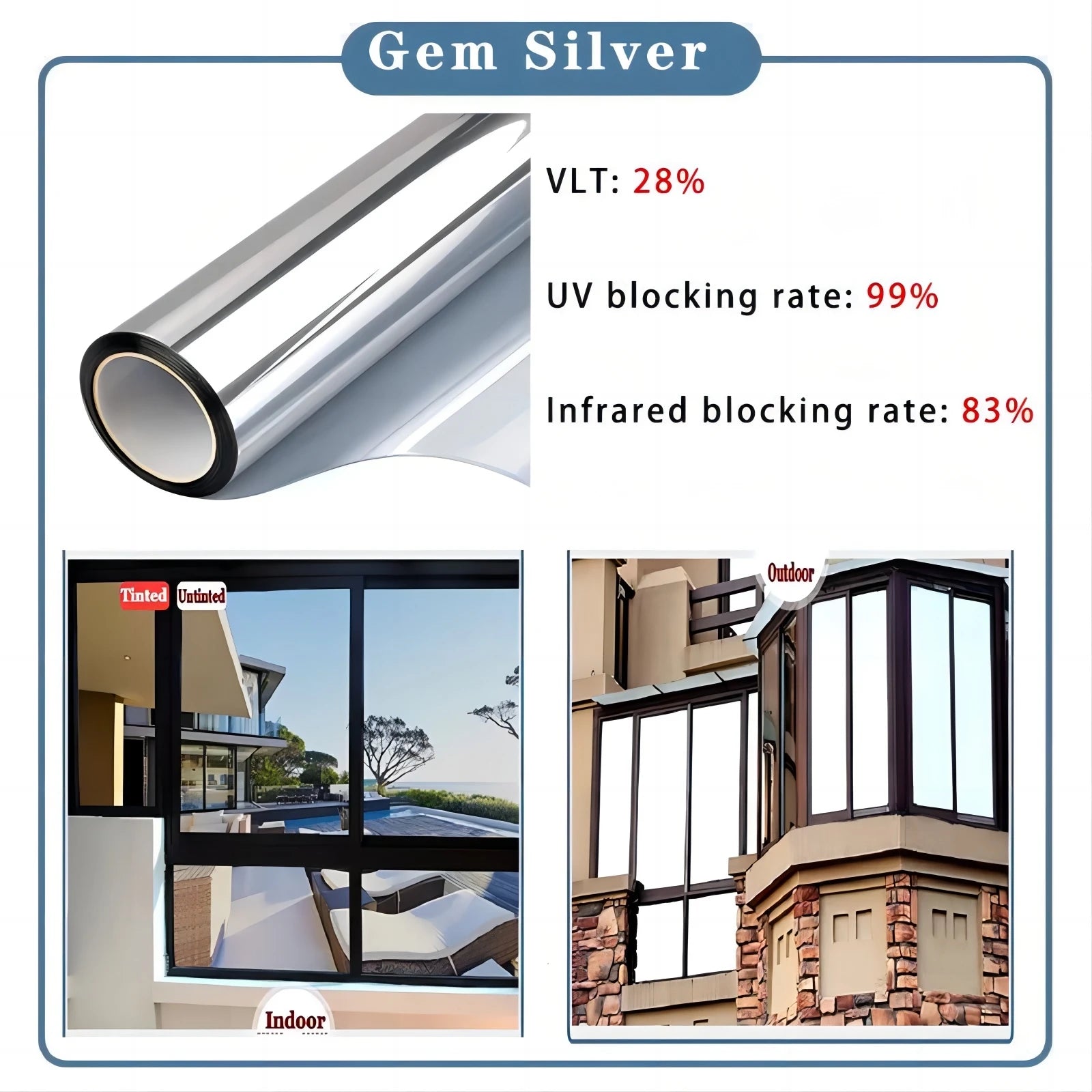 Window Privacy Film One Way Daytime Privacy Self-adhesive Vinyl Sun Blocking Anti UV Reflective Window Tint for Home and Office Oasis Select