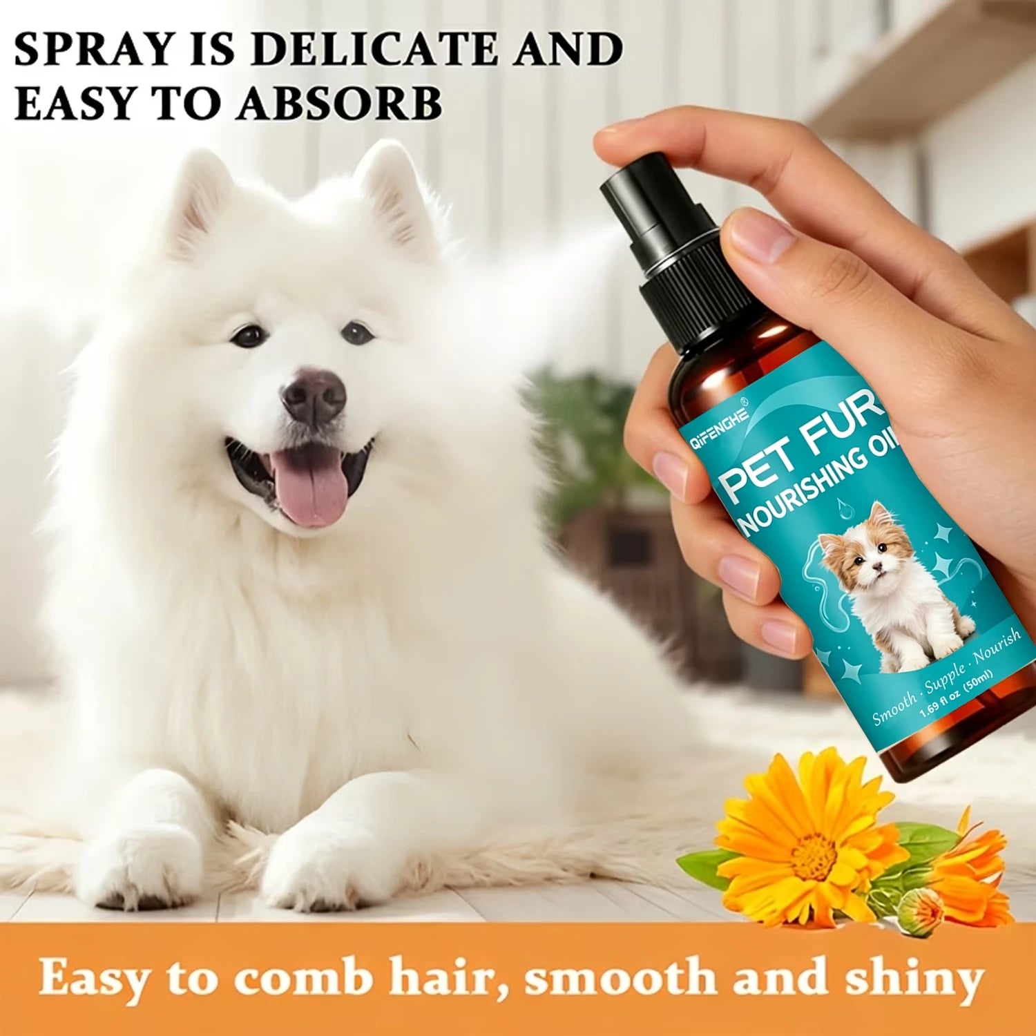 Pet Coat Care Spray Oil 50ml – Shiny, Smooth Fur for Dogs & Cats