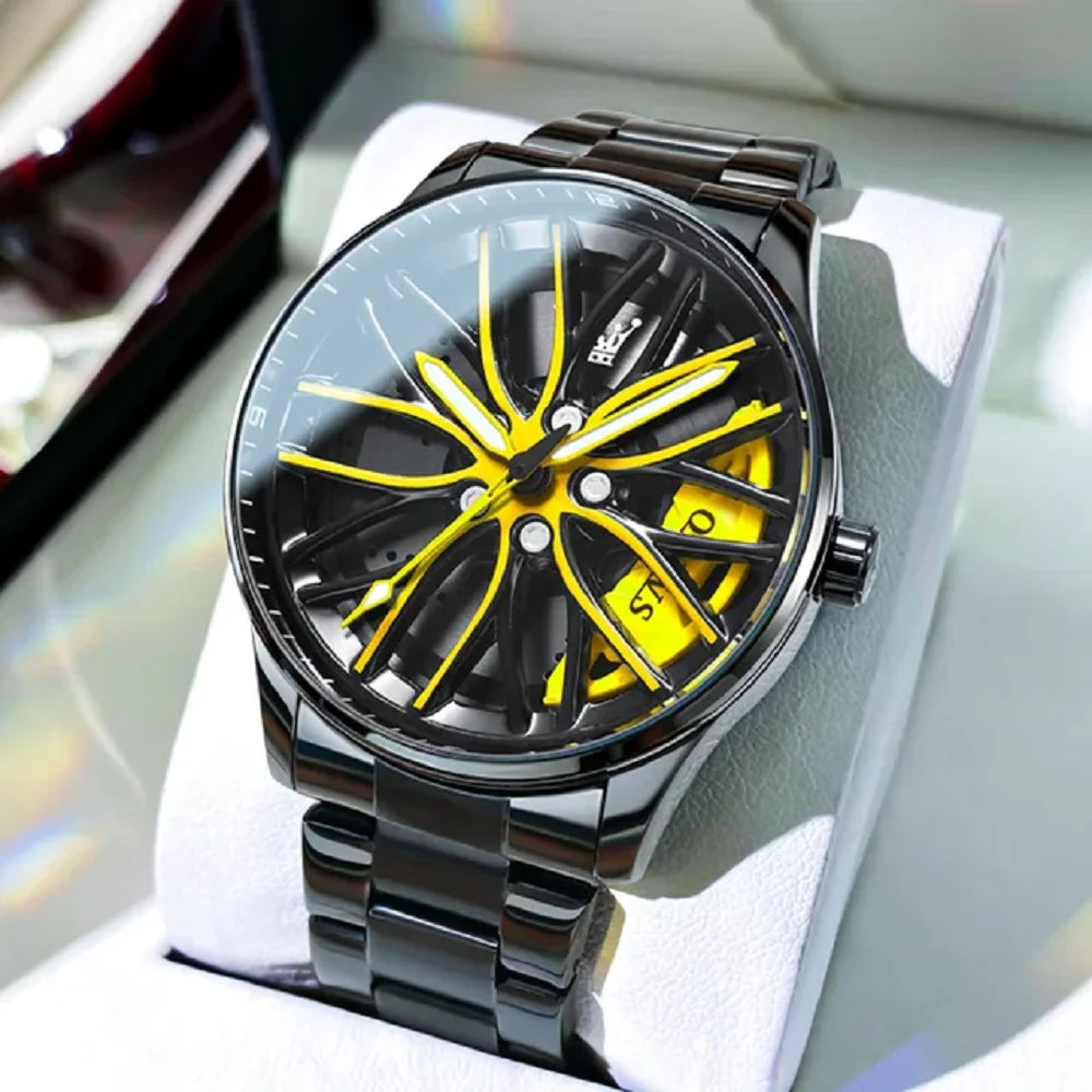 Men's Car Rim Quartz Watch – Leather Strap Round Dial