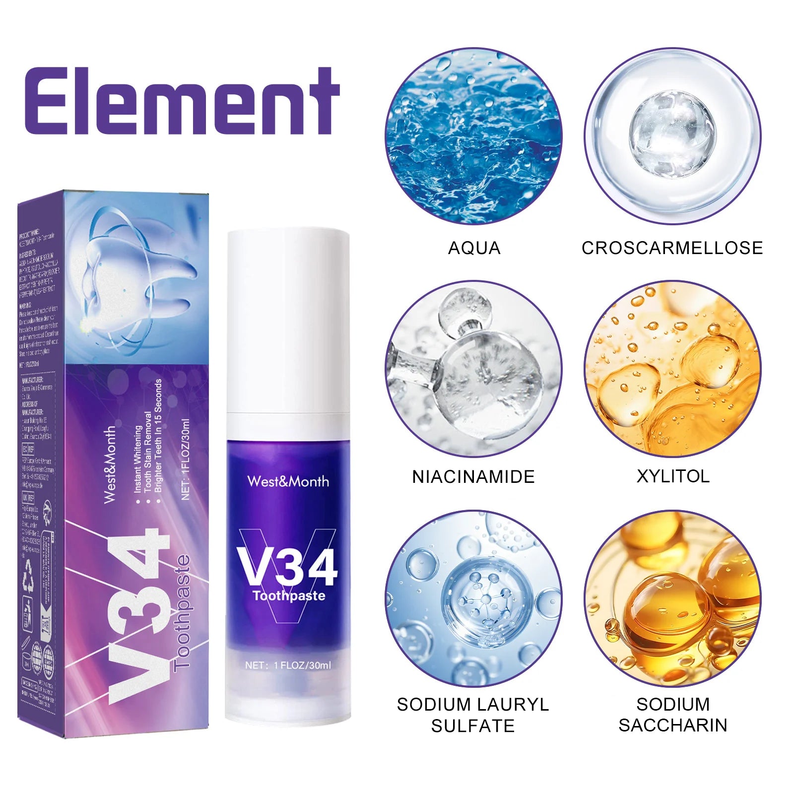 V34 Whitening Toothpaste 30ml – Stain Removal & Fresh Breath