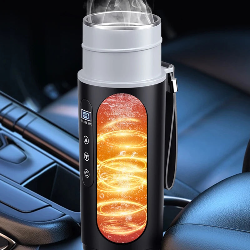 Temperature Display Kettle 500ml Car Heating Cup 12V 24V Electric Three Modes Stainless Steel Travel Heating Thermal Mug Oasis Select