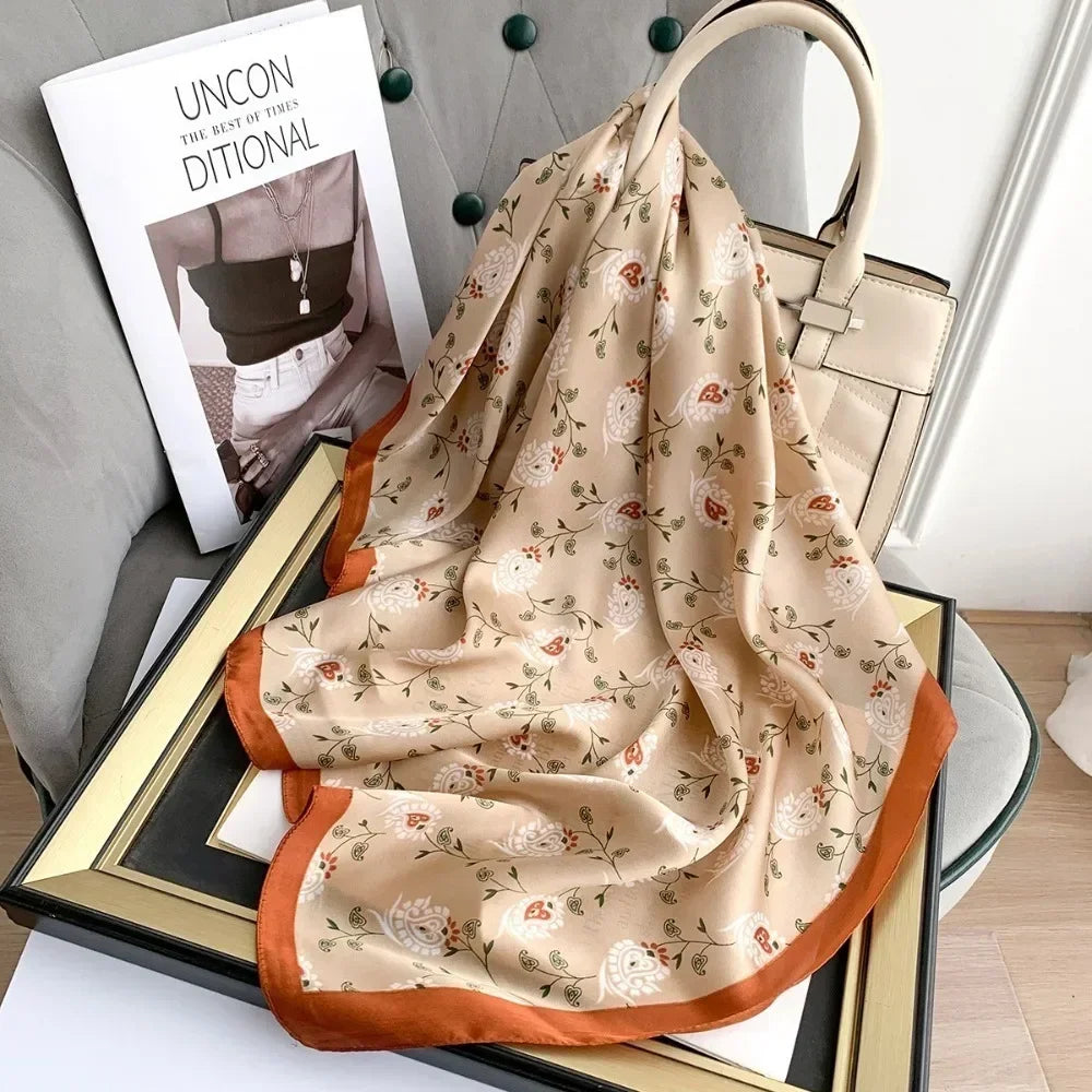 Versatile Casual Women's Hairbands 70x70cm Printed Shawls Wraps Imitation Silk Neck Tie Hijab for Women Oasis Select 70x70cmBrown