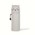 1pc 2-in-1 Expandable Silicone Cute Pencil Case,Cute Cat Design Desk Organizer, Soft Durable Storage Bag for School Office Home Oasis Select Grey Cat