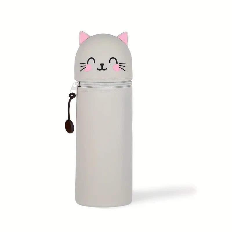 1pc 2-in-1 Expandable Silicone Cute Pencil Case,Cute Cat Design Desk Organizer, Soft Durable Storage Bag for School Office Home Oasis Select Grey Cat