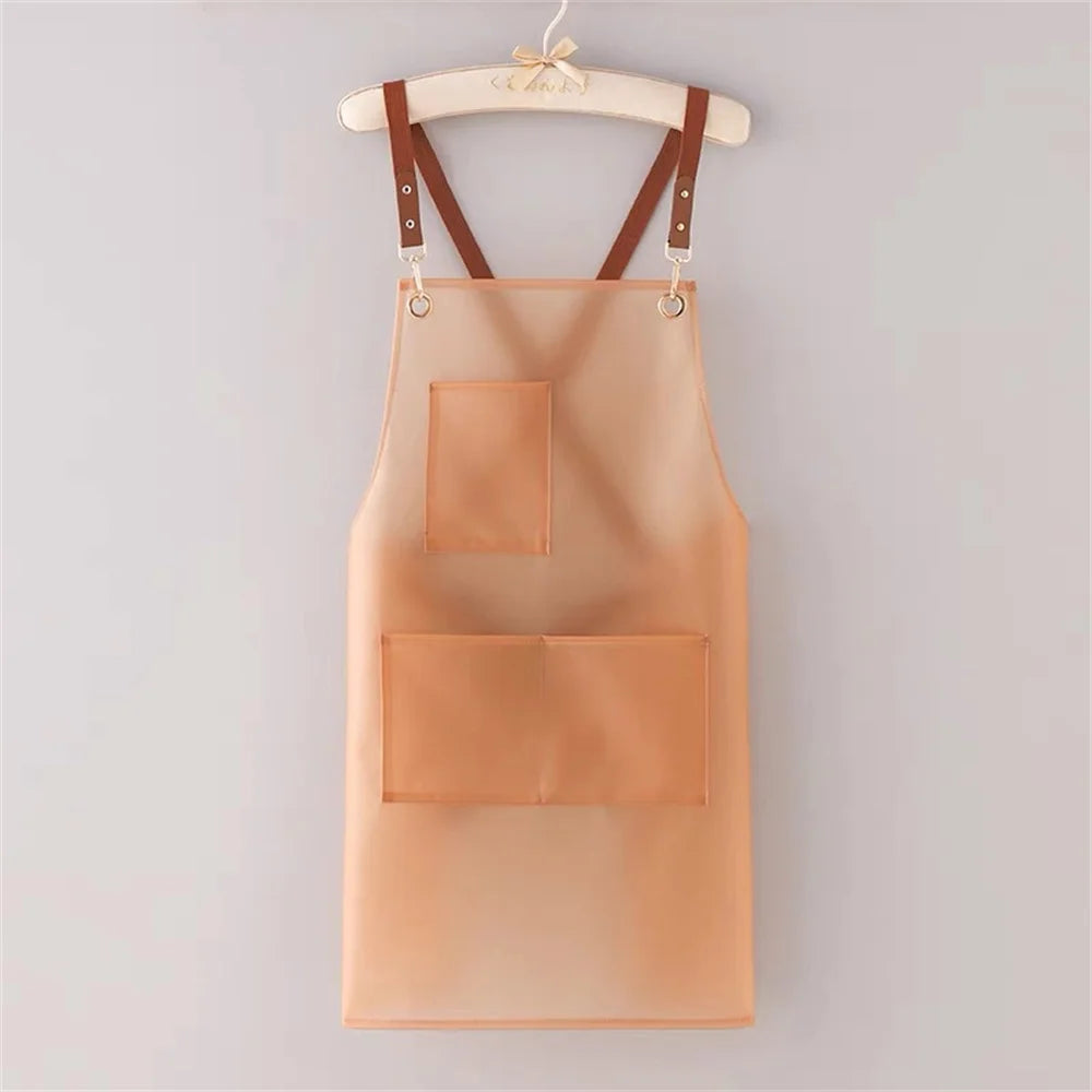 New Apron Waterproof And Oil-proof Strap Fashionable Korean-style Overalls Household Kitchen Cooking Women's TPU Work Clothes Oasis Select Pink 1