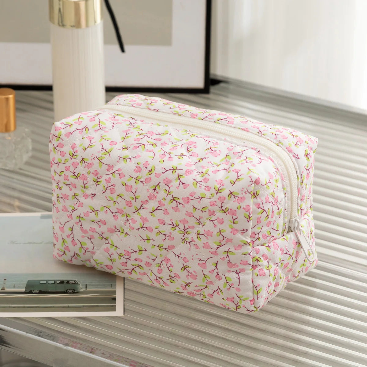 Floral Puffy Quilted Large Makeup Bag Travel Cosmetic Pouch Flower Printed Storage Organizer Makeup Accessory Oasis Select Pink